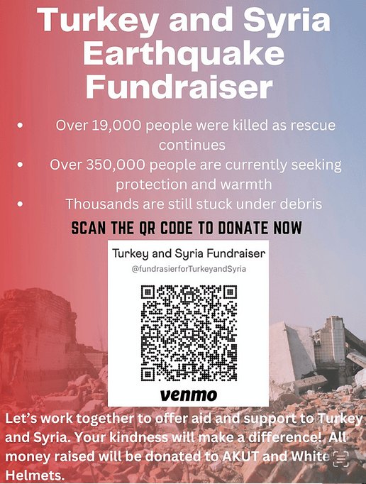 Flyer for the Turkey and Syria earthquake fundraiser