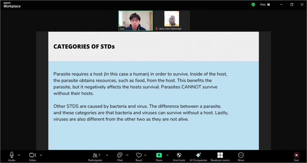 Recreated session view of a STDs lesson for Jesus Care Orphanage