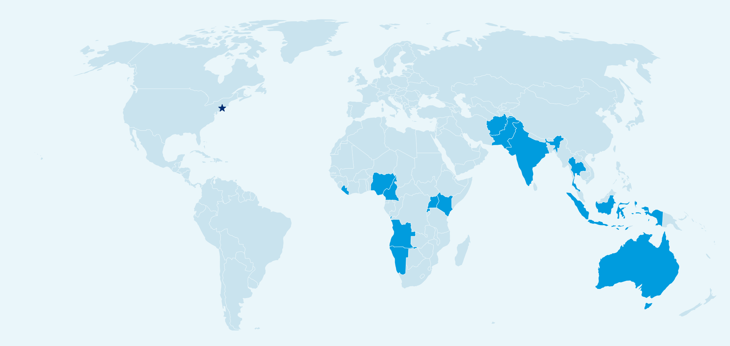 World map highlighting the countries where CHEN partners are located: Afghanistan, Angola, Australia, Cameroon, India, Indonesia, Kenya, Liberia, Namibia, Nigeria, Pakistan, Rwanda, Thailand and Uganda, with a star marking Great Neck, New York